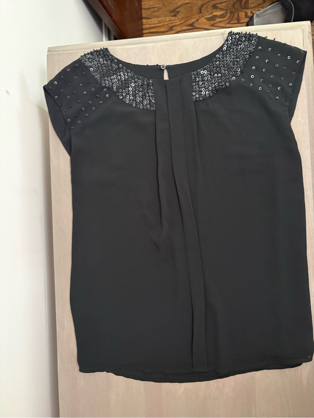 Ann Taylor Black Embellished Cap-Sleeve Blouse